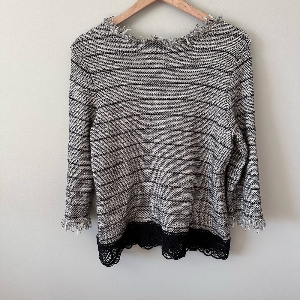 Chico’s Fringe Lace Wool Blend Cardigan Jacket Size 2 L Black & White Office - Picture 9 of 13